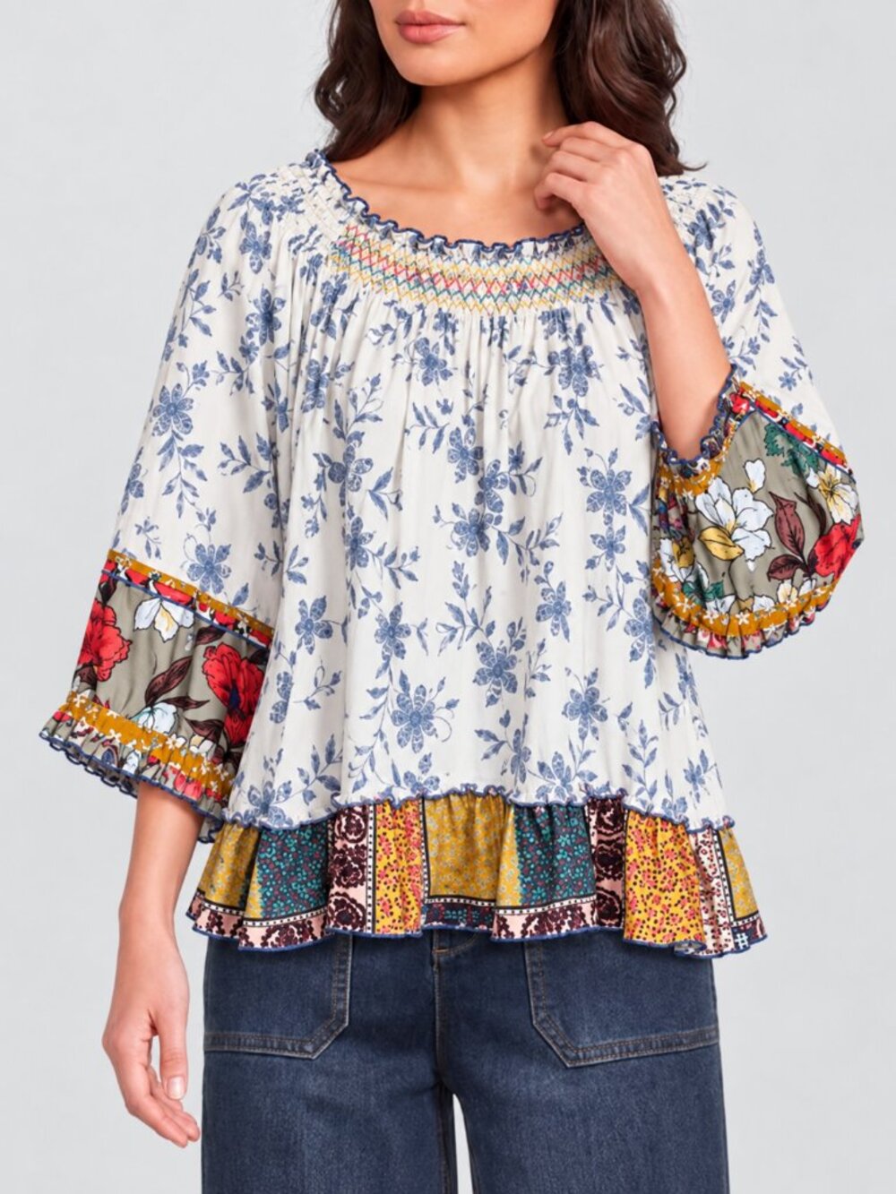 John Mark Floral Patchwork Blouson Sleeve Smocked Flowy Blouse Top SZ XL Boho